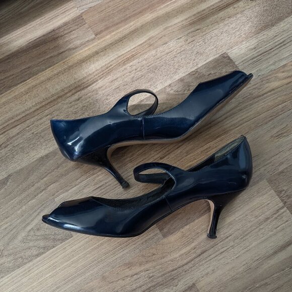 Vintage Blue Falchi Peep Toe Patent Mary Jane Strap Kitten Heels - Picture 4 of 10
